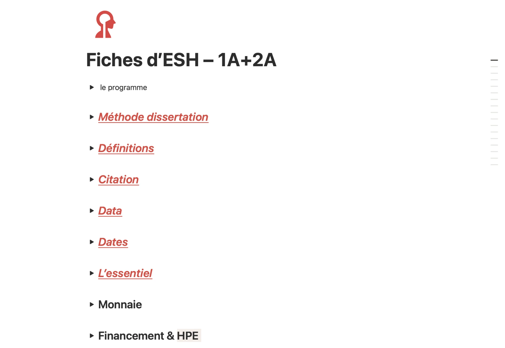 Aperçu de l'espace Notion qui organise les ressources d'ESH
