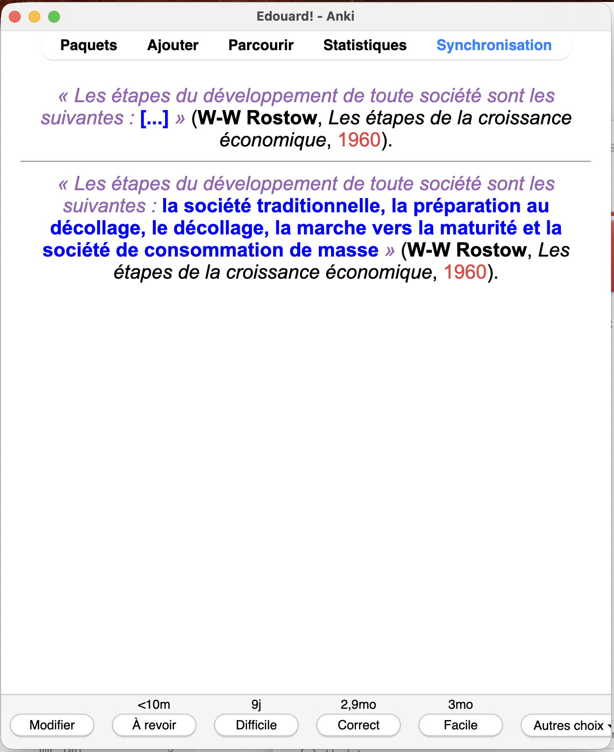 Carte Anki affichant une question et sa réponse détaillée